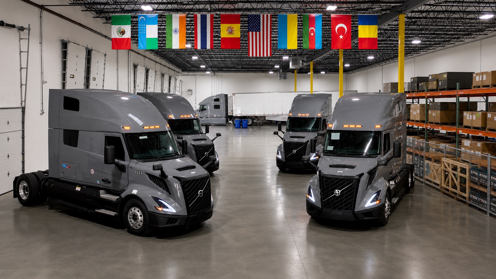 Inside the Huntley terminal — new Volvos under our drivers' national flags